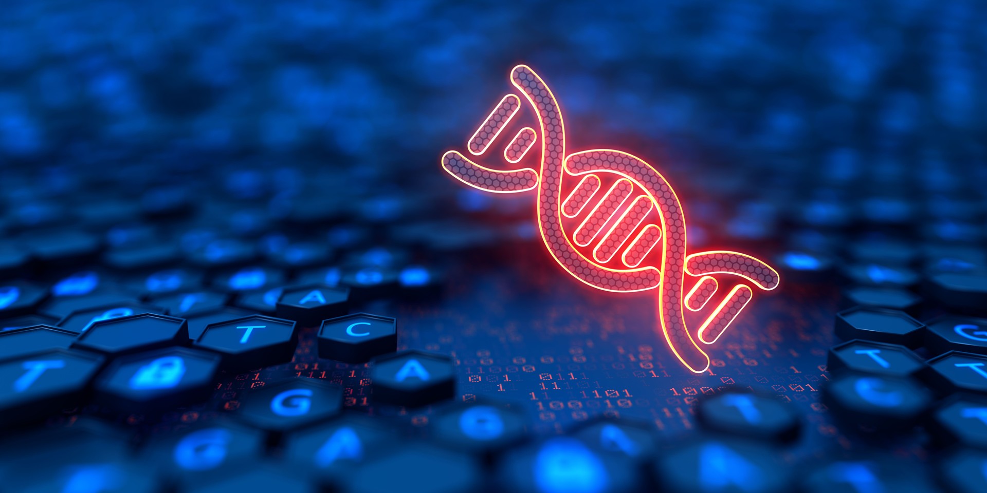 Hexagon shell with sequencing ATGC and glowing DNA icon. Double helix structure. Nucleic acid sequence. Genetic research. Transformation of genome code into digital form. 3d illustration.