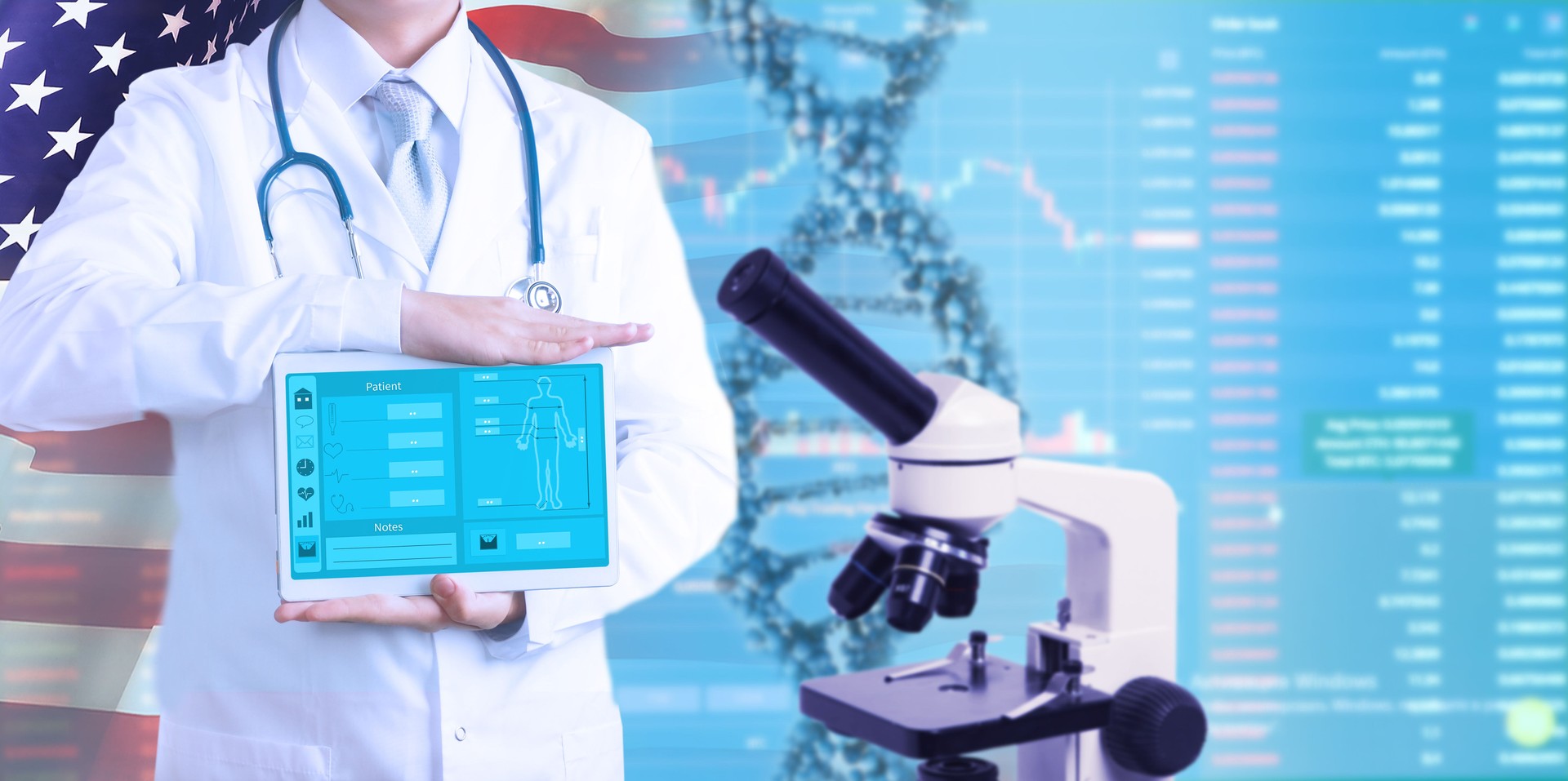 Finance. Medicine and healthcare concept on business background.USA flag. 3d illustration