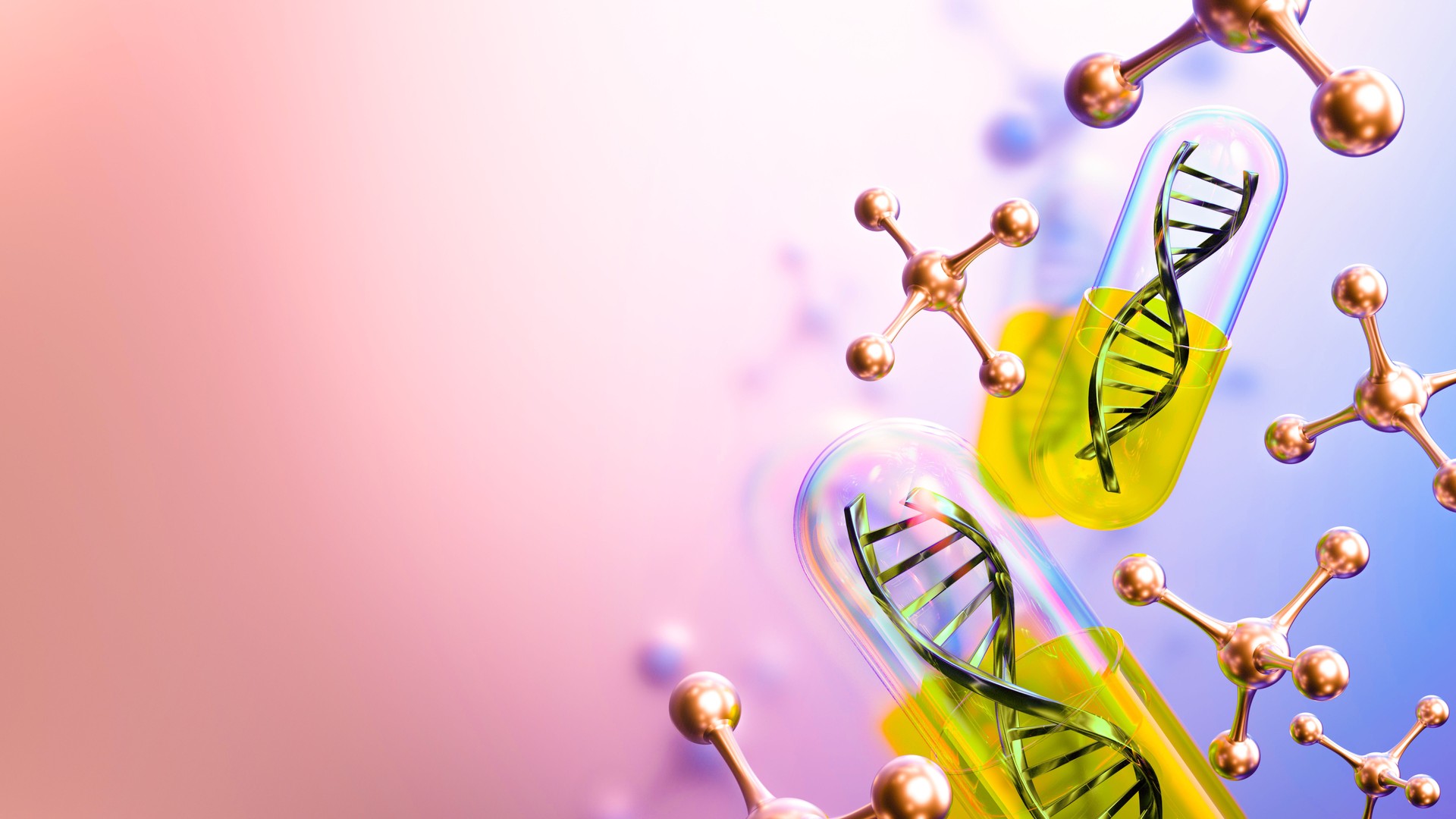 3D DNA helixes in glass capsules, metallic atoms, pink-to-blue gradient background, glossy surfaces, futuristic biotechnology concept, high detail, dramatic lighting. 3D render.