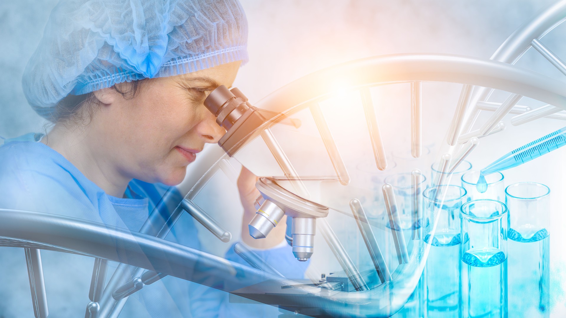 research and developement concept background of DNA strand overlay with blurred female scientist using microscope
