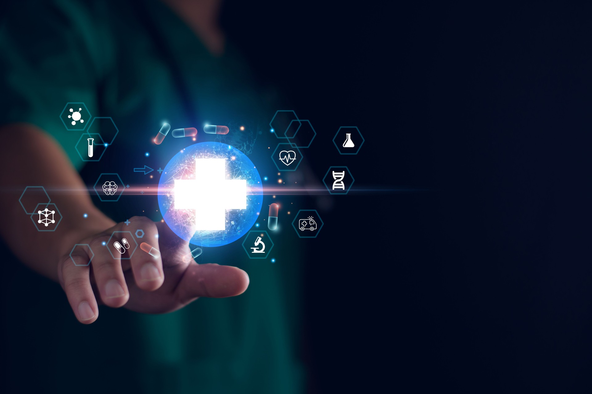 Medicine doctor touching medical global network, Computing electronic medical record. DNA. Digital healthcare and network connection on virtual interface, medical technology and innovation concept