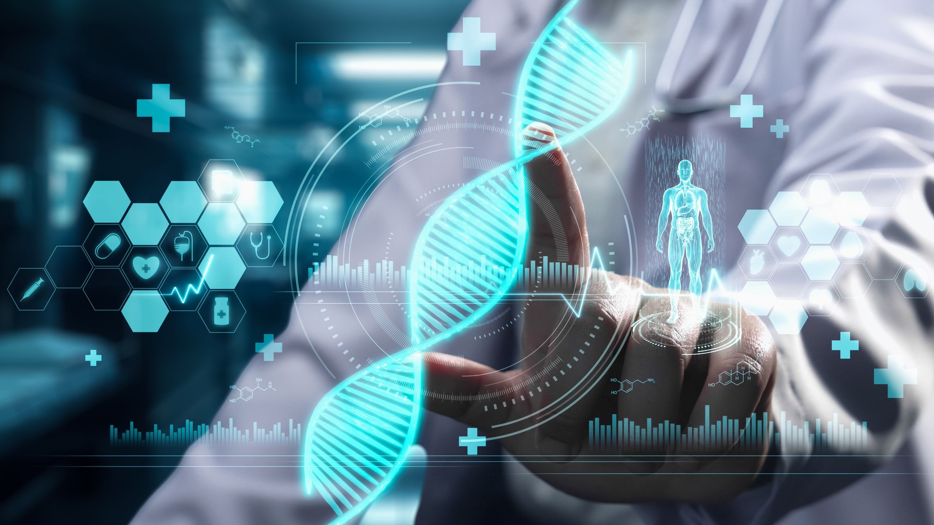 Close up of smart doctor sitting and pointing at DNA sample hologram. Remedial.