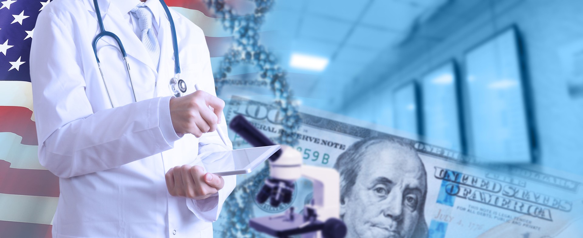 Finance. Medicine and healthcare concept on business background.USA flag. 3d illustration